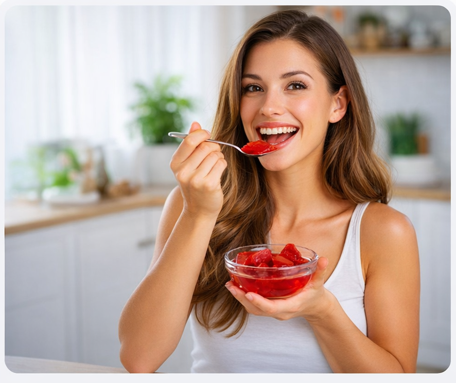 Mujer comiendo gelatina saludable